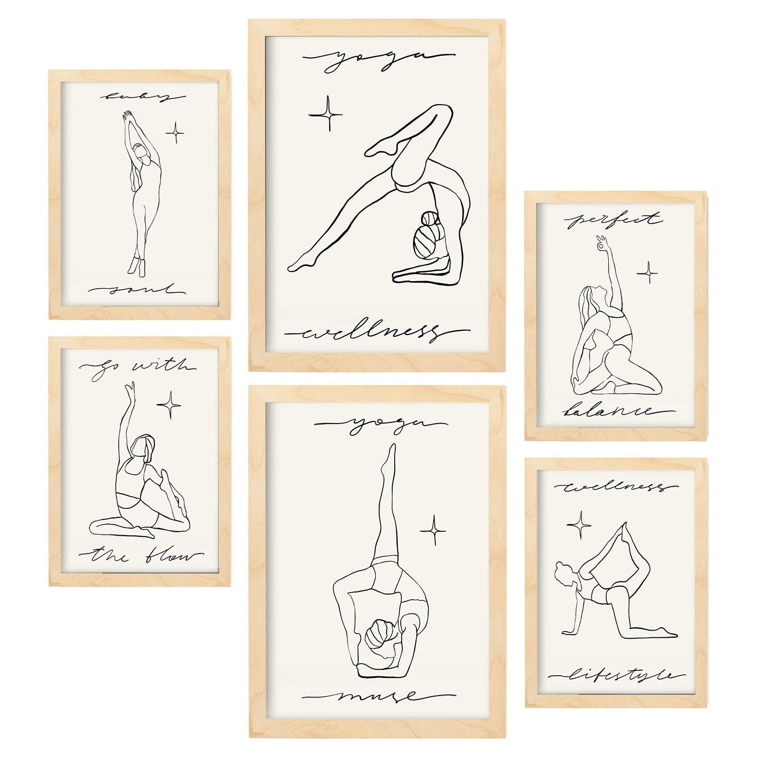 POSTER Set Mit 6 Yoga Musen 3 A3 & A4 Rahmen Aus Hellem Holz - Beige, Papier (29/3cm) - Nacnic