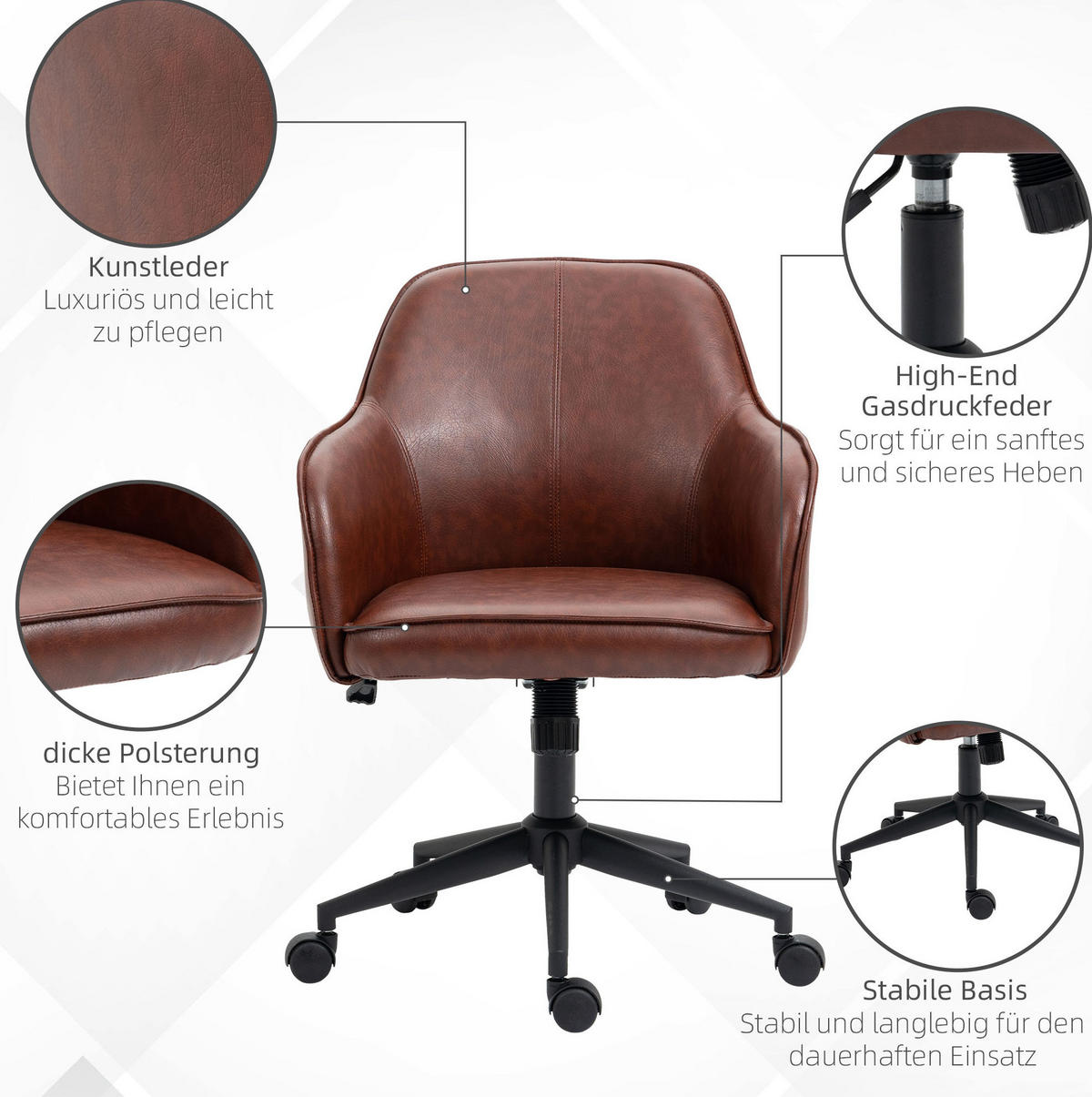 BÜROSTUHL höhenverstellbar mit Wippfunktion Kunstlederoptik Braun - Braun, Metall (62/91/58.5cm) - Meubliv