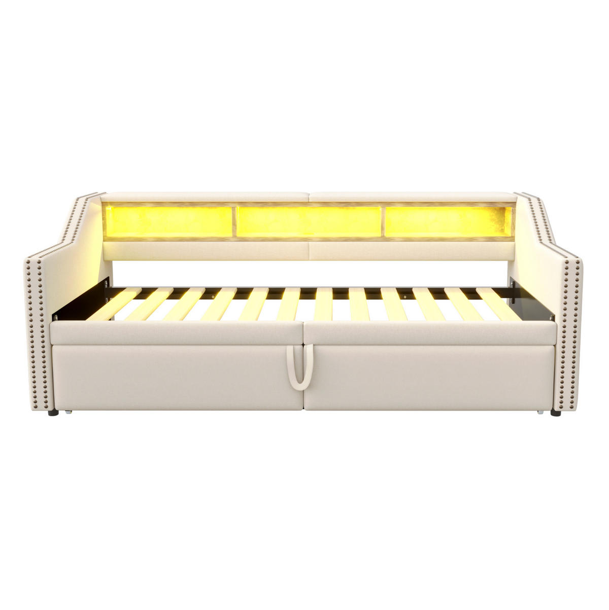 BETT aus Leinenstoff 90/180x200 cm Beige mit Ausziehbett, LED, USB und 3 Ablagefächern - Beige, Textil (90/200cm) - Modfu