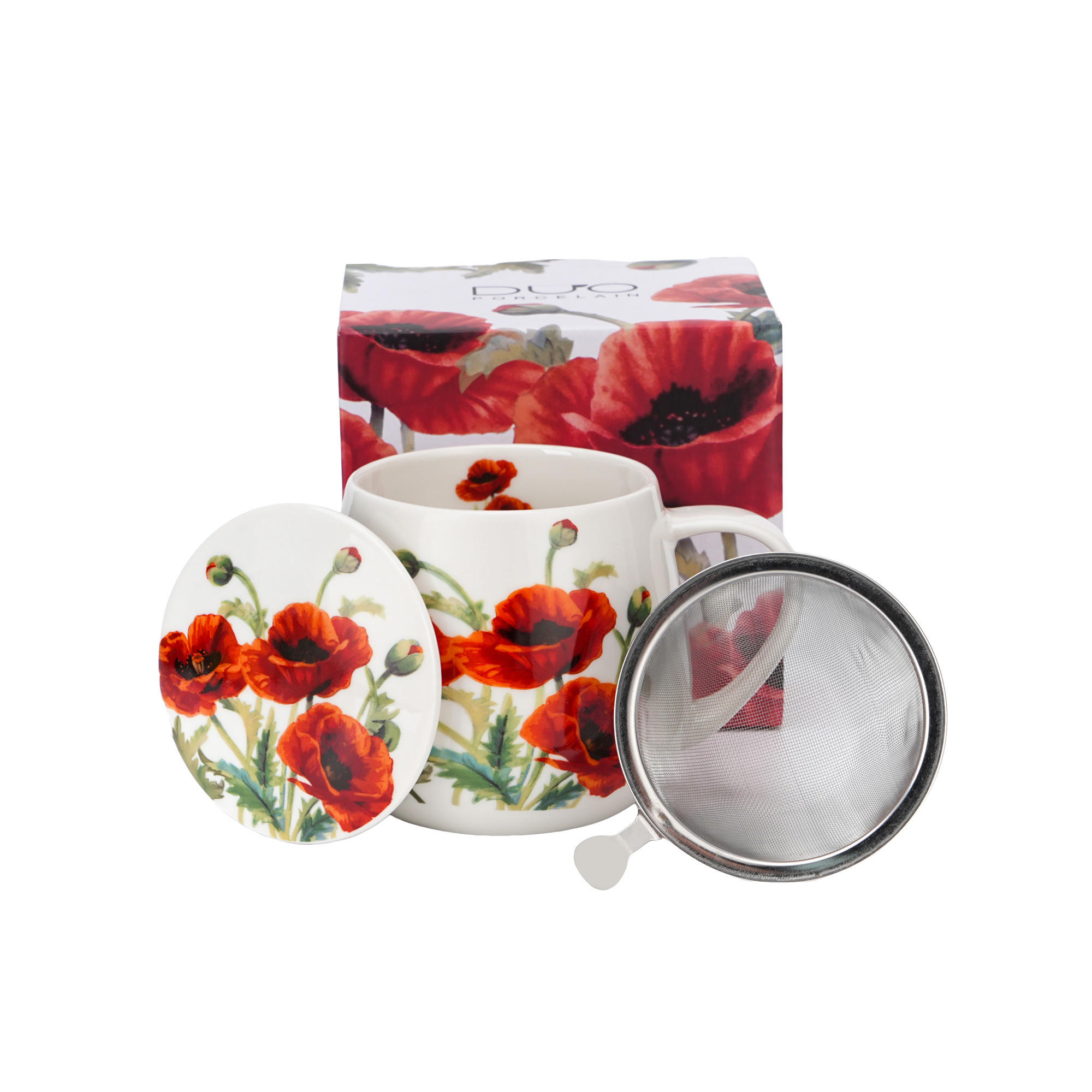 TEETASSE mit Sieb in Fassform CLASSIC POPPIES - Weiß, Keramik (0.43L) - DUO PORCELAIN