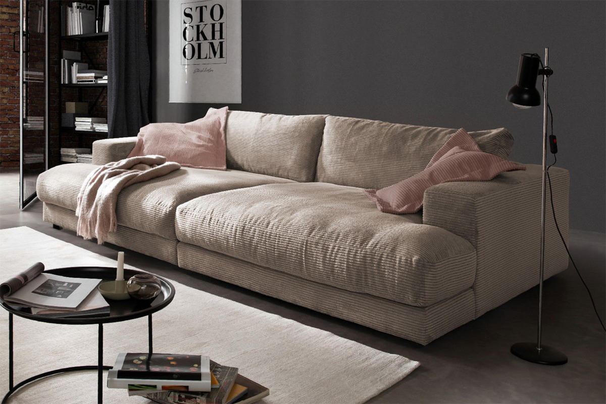 BIG SOFA XL MADELINE Taupe Cord - Taupe/Schwarz, Kunststoff/Textil (290/85/190cm) - KAWOLA