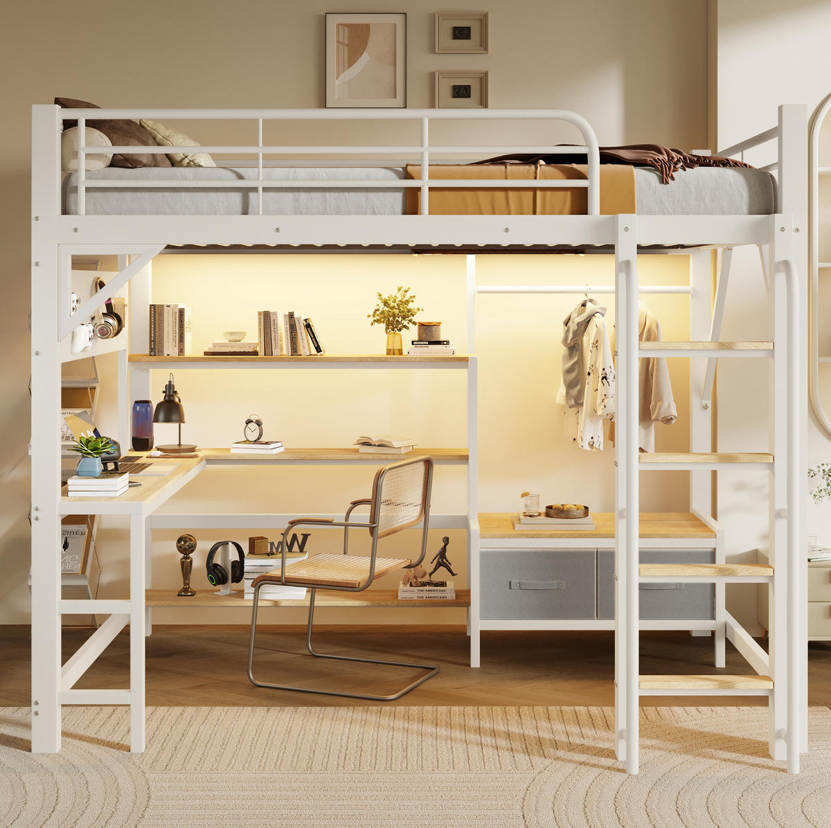 HOCHBETT aus Metall und MDF 140x200 cm Weiß mit Schreibtisch, LED-Leiste, USB und Stauraum - Weiß, Holzwerkstoff (140/200cm) - Modfu