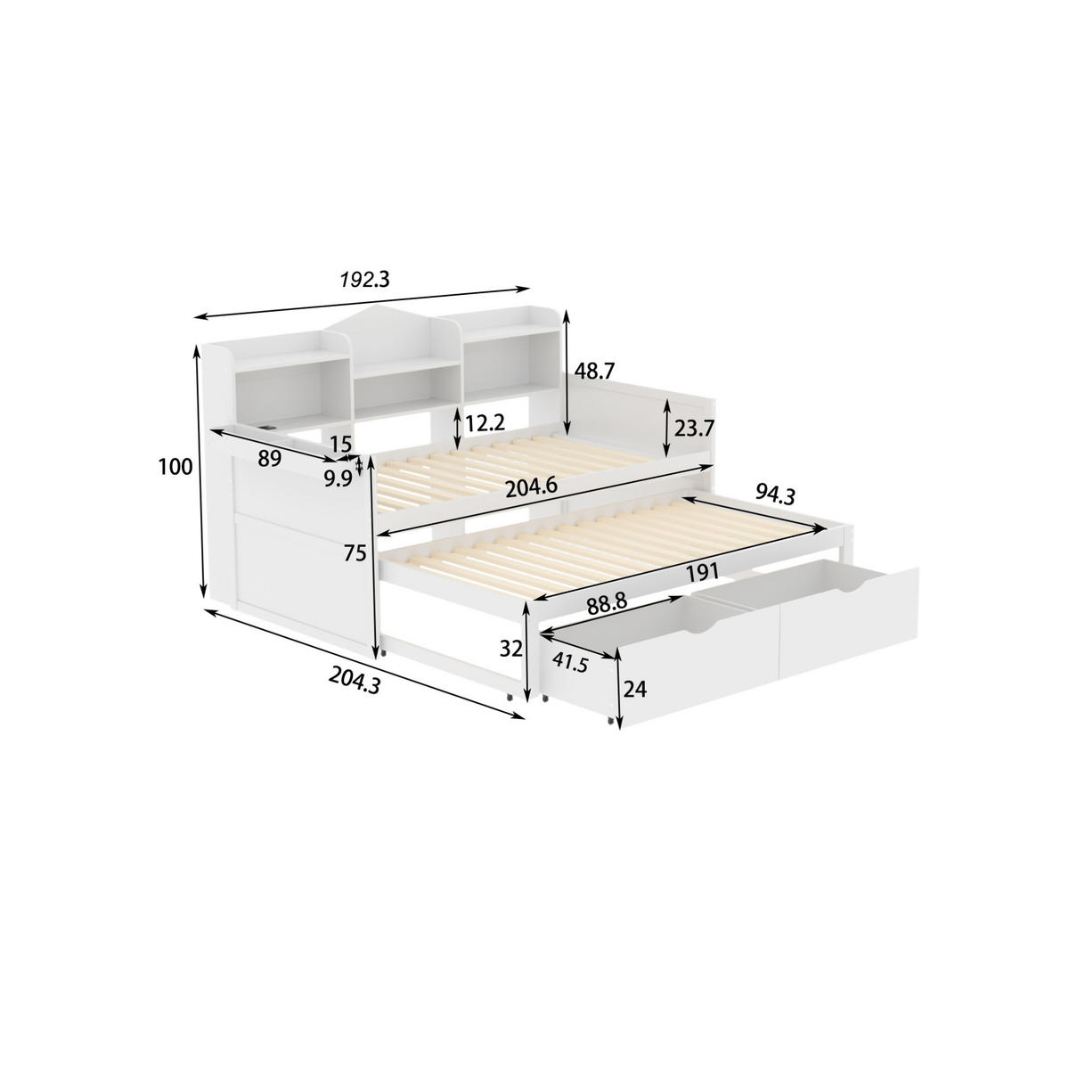 AUSZIEHBETT 90/200 cm in Weiß aus Holzwerkstoff mit Stauraum und USB-Anschluss - Weiß, Holz (90/200cm) - Flora Grace