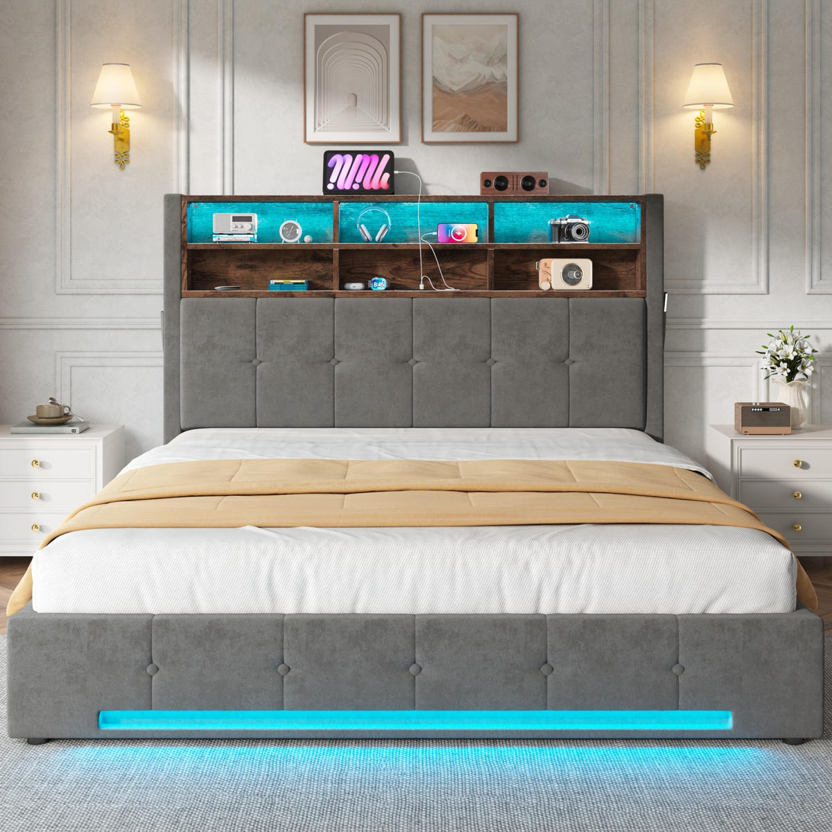 POLSTERBETT 160/200 cm Dunkelgrau mit 6 Fächer, Seitentaschen, USB-C und LED - Dunkelgrau, Textil (160/200cm) - Oxeza