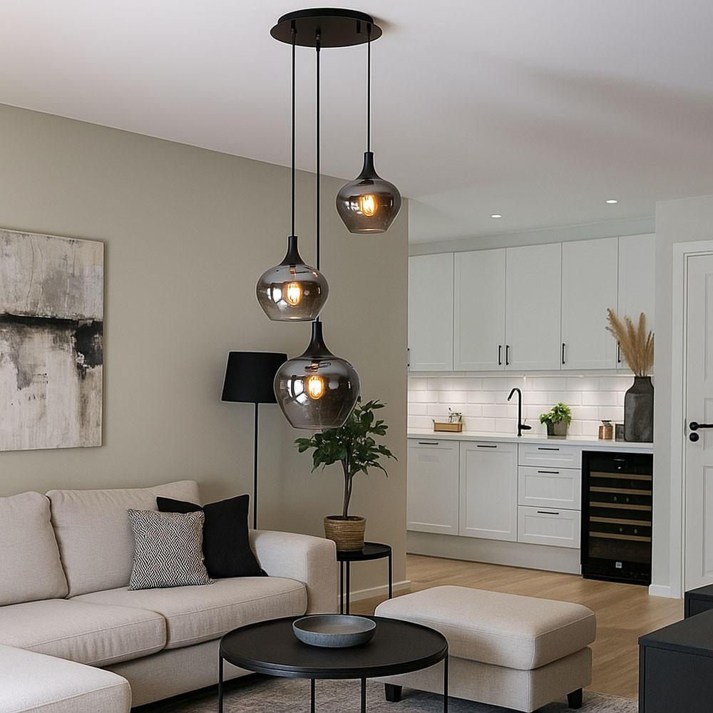 HÄNGELEUCHTE Metall Rauchfarben 3-flammig - Schwarz, Glas (48/48/120cm) - Globo Lighting