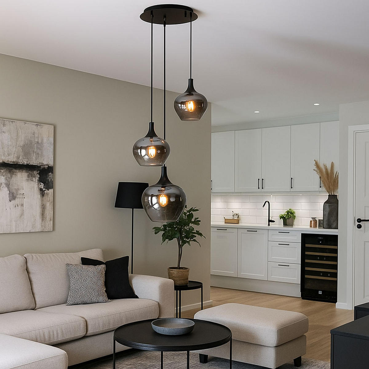 HÄNGELEUCHTE Metall Rauchfarben 3-flammig - Schwarz, Glas (48/48/120cm) - Globo Lighting