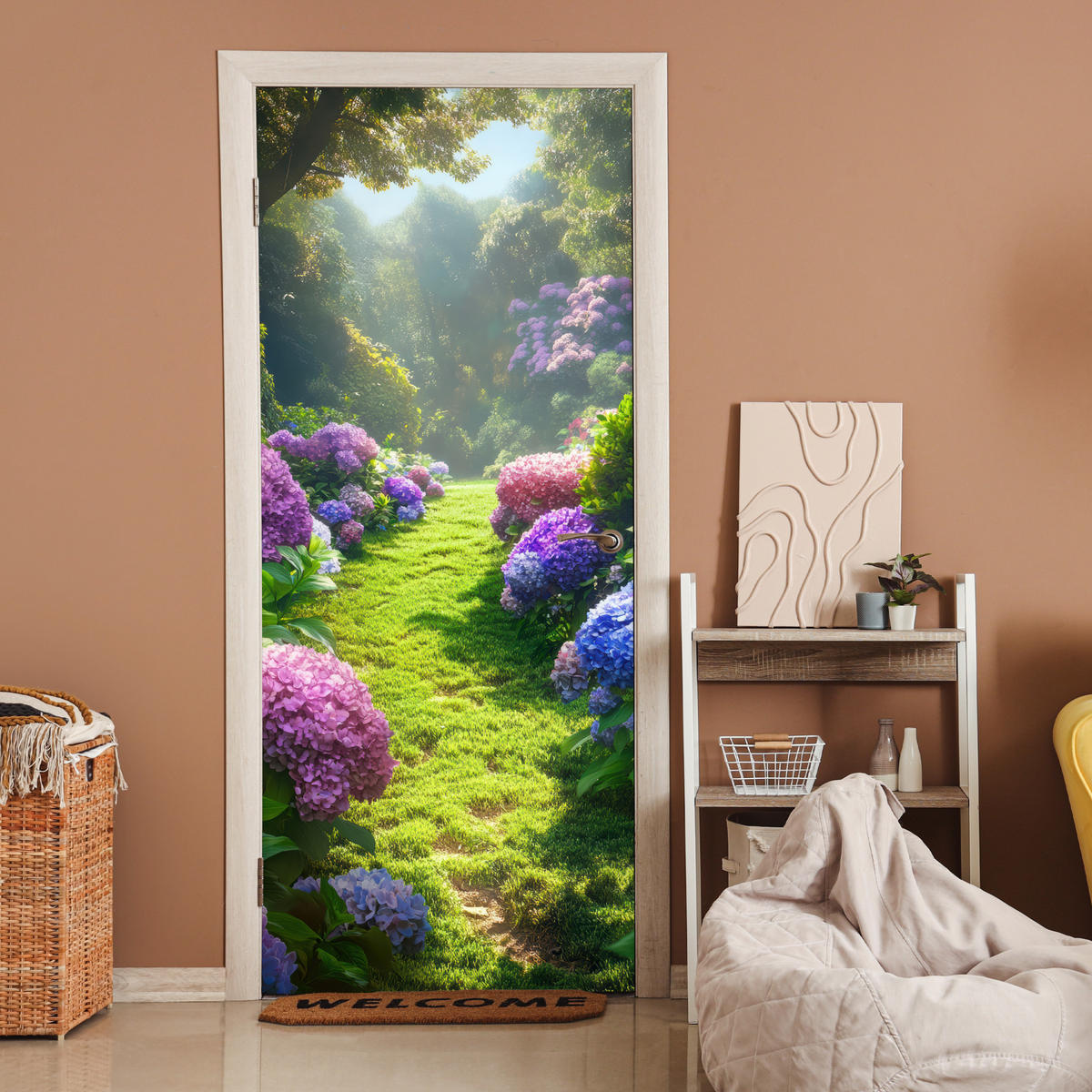 FOTOTAPETE Tür - Natur - Hortensie - Blumen - Grün 95x215 cm - Hellgrün, Kunststoff (95/0.1cm) - MuchoWow