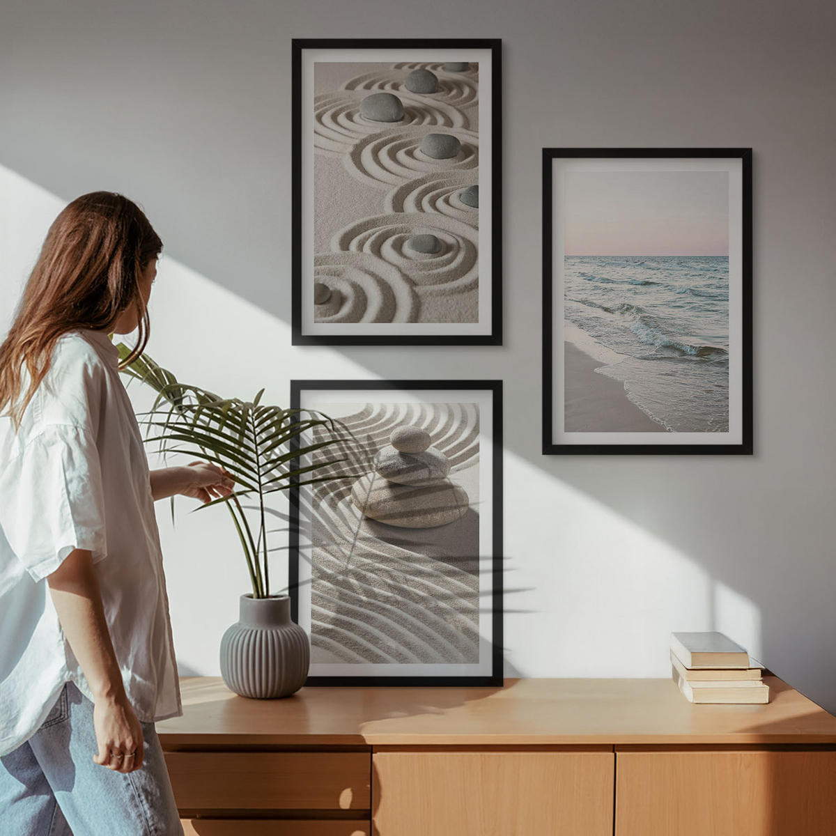 BILDER SET 3er Set - 40x60 cm Schwarzer Rahmen - Wellen, Sand, Wasser, Steine, Strand - Schwarz, Kunststoff (40/60cm) - TULUP
