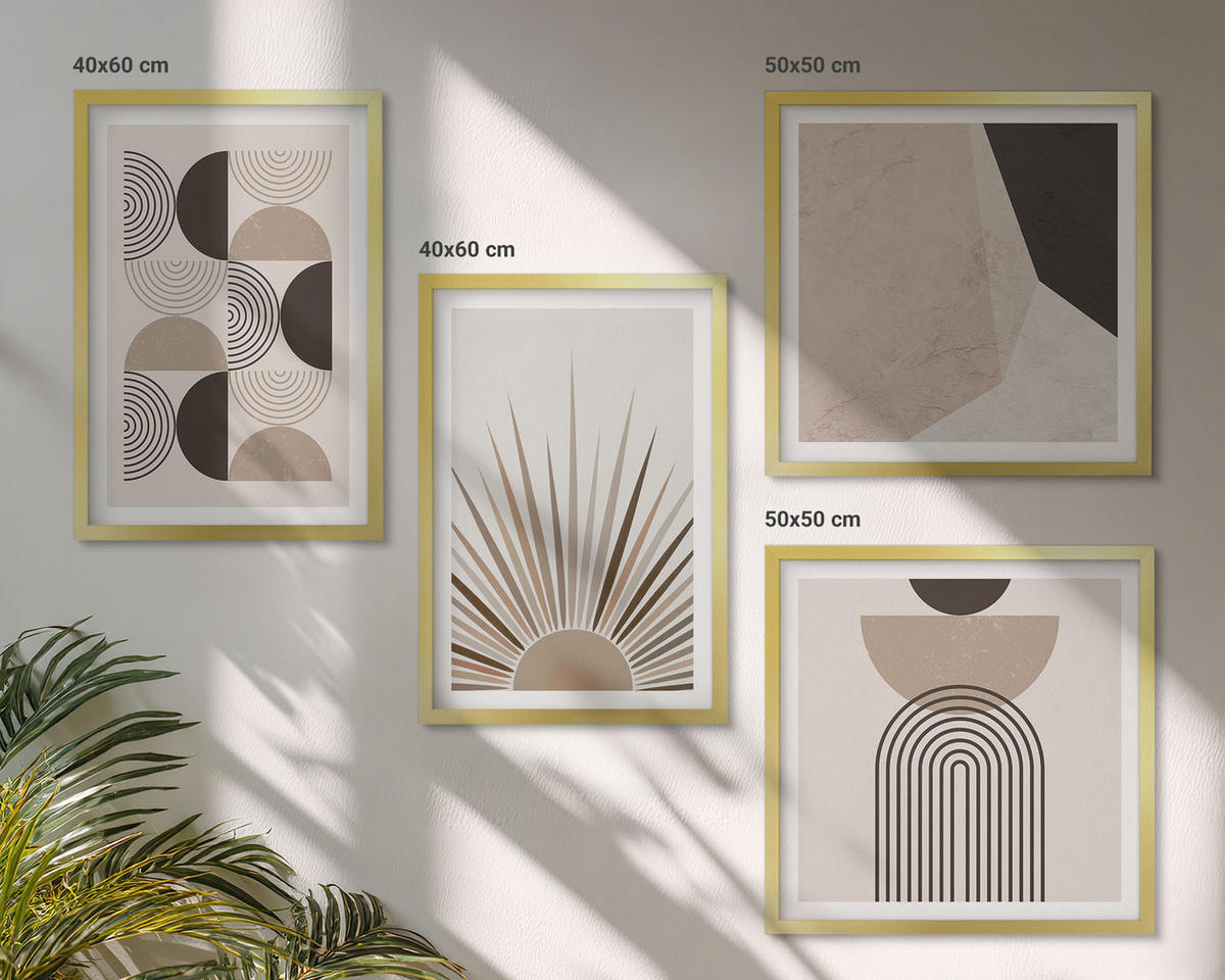 BILDER SET 4er Set - 50x50 cm & 40x60 cm Goldrahmen - Abstrakte beige und braune Formen - Goldfarben, Kunststoff (50/50cm) - TULUP