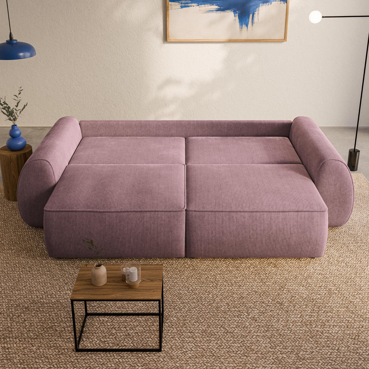 BETTSOFA ZEFEO Lila Kordstoff mit Schlaffunktion - Lila, Textil (264/96/106cm) - MASSENO