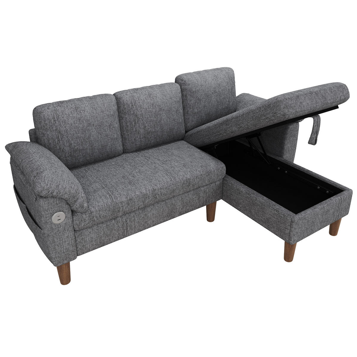 ECKSOFA 181/125/88 cm Hellgrau mit Stauraum-Chaiselongue und USB/Type-C-Ladeanschluss - Hellgrau, Textil (181/125cm) - Oxeza