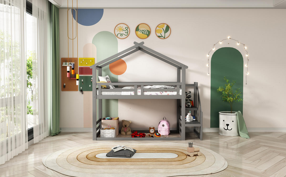 ETAGENBETT 90x200 cm Treppe grau - Grau, Holz (90/200cm) - LEBENLANG