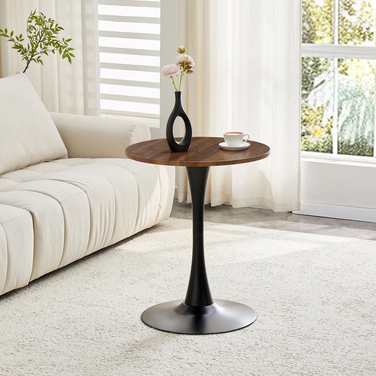 BEISTELLTISCH 60/60/72 cm walnussfarben/schwarz aus MDF und Metall mit runder Tischplatte - Schwarz, Holzwerkstoff (60/60/72cm) - OKWISH