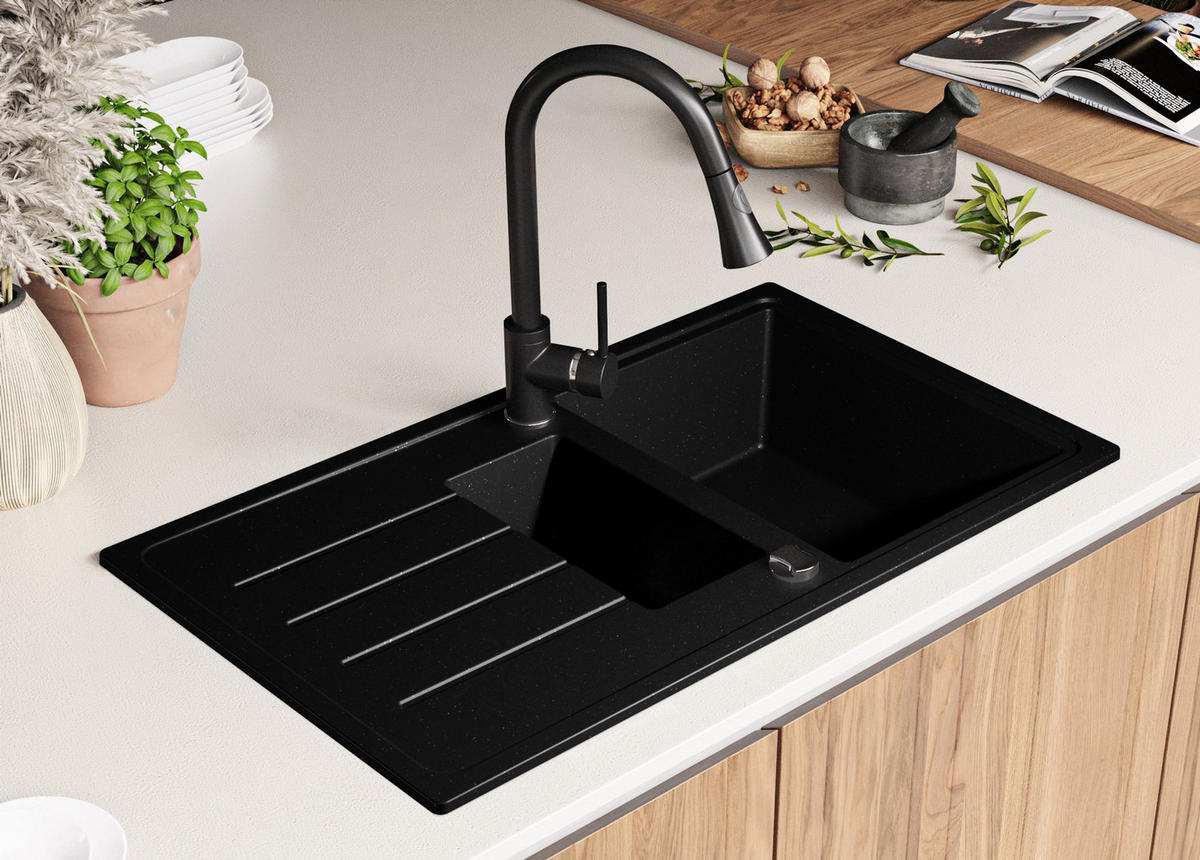 SPÜLBECKEN Kopenhagen Duo, 2-er set Schwarz Metallic 90/50 cm 1,5 Becken + Ablauf-Set ab 60er Unterschrank - Chromfarben/Schwarz Hochglanz, Kunststoff (90/19/50cm) - Primagran