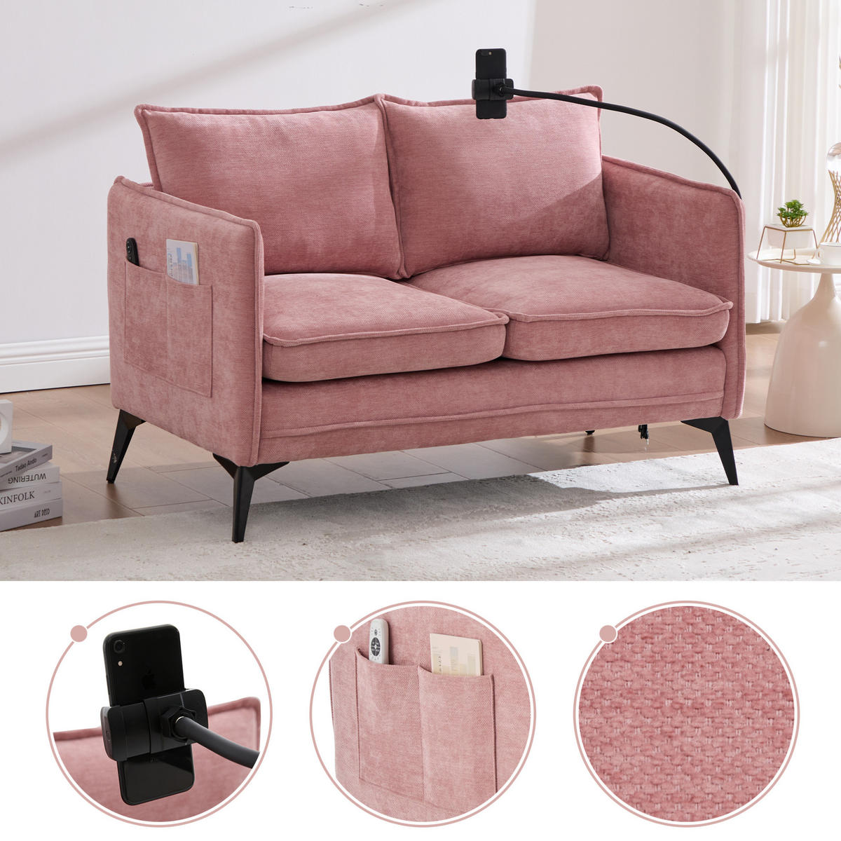 2-SITZER-SOFA aus Chenille 127x69x66 cm Pink mit Handyhalter, Seitentaschen und gepolstertem Komfort - Rosa, Textil (69/66/127cm) - Modfu