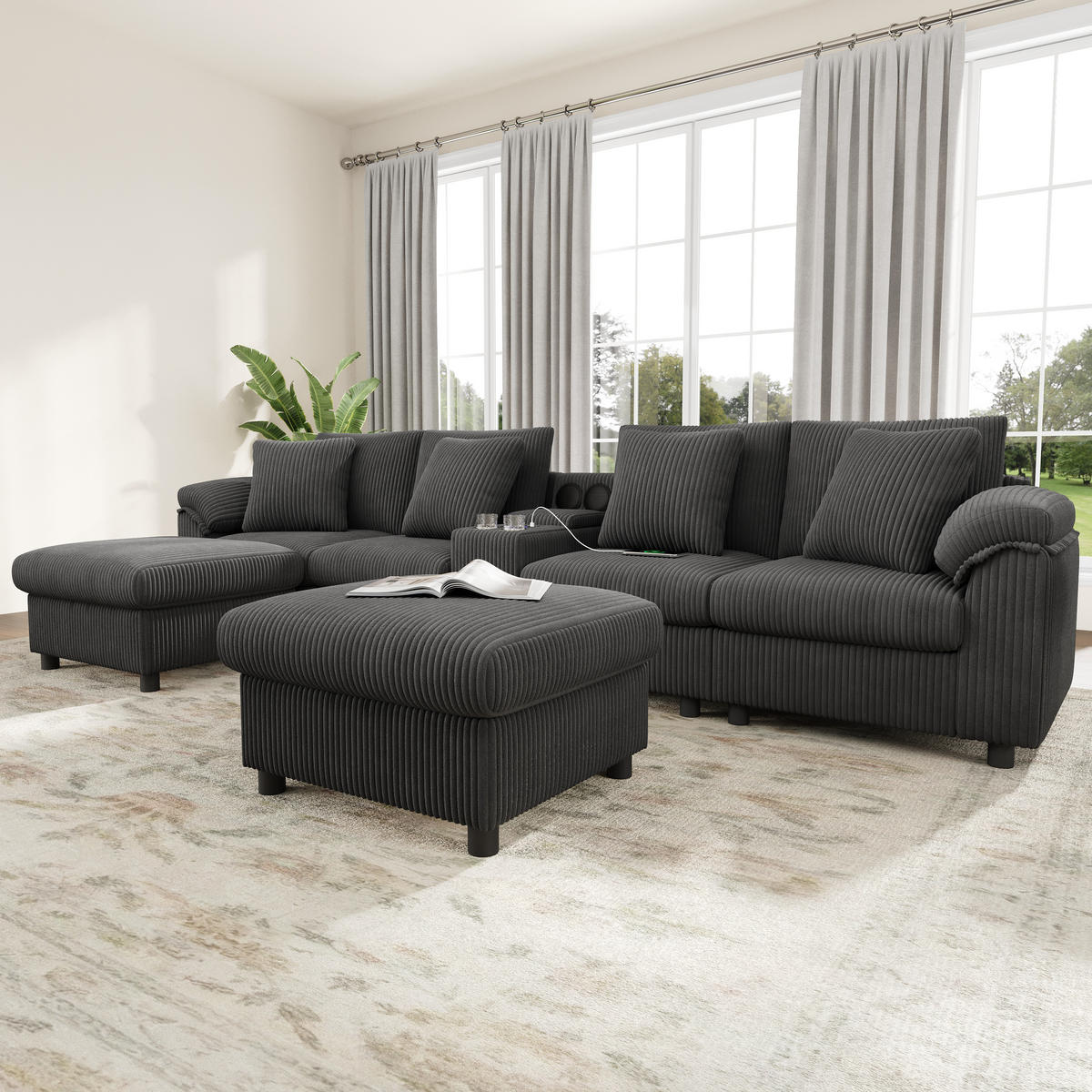 WOHNLANDSCHAFT Cord Grau mit Stauraum, Bluetooth, USB, Type-C und Getränkehaltern - Grau, Holzwerkstoff/Kunststoff (315.5/84.5/144cm) - WISHDOR