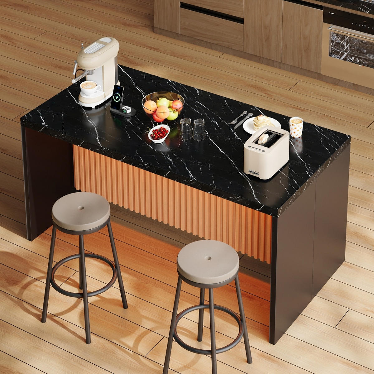 KÜCHENINSEL mit Steckdosen und LED-Beleuchtung, Marmoroptik Schwarz, Industrial Style, 155/80/90 cm - Schwarz, Kunststoff (80/90/155cm) - Rolipo
