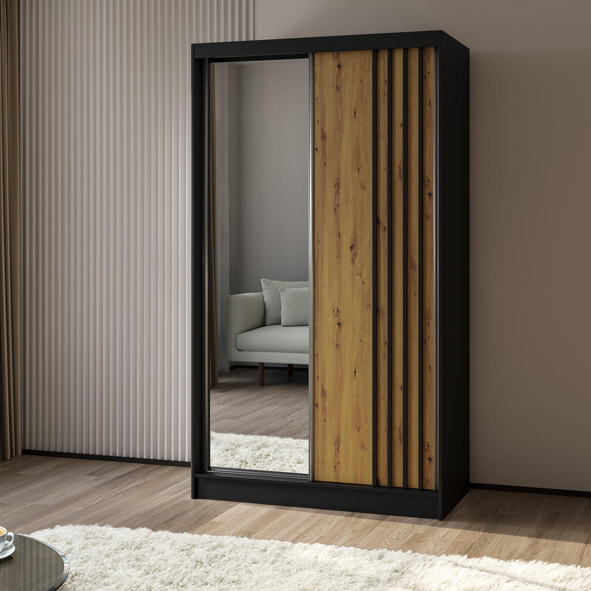 SCHWEBETÜRENSCHRANK NELVIA 120/216/61 cm 2-türig mit Spiegel Schwarz - Schwarz/Eiche Artisan, Holzwerkstoff (120/216/61cm) - MASSENO