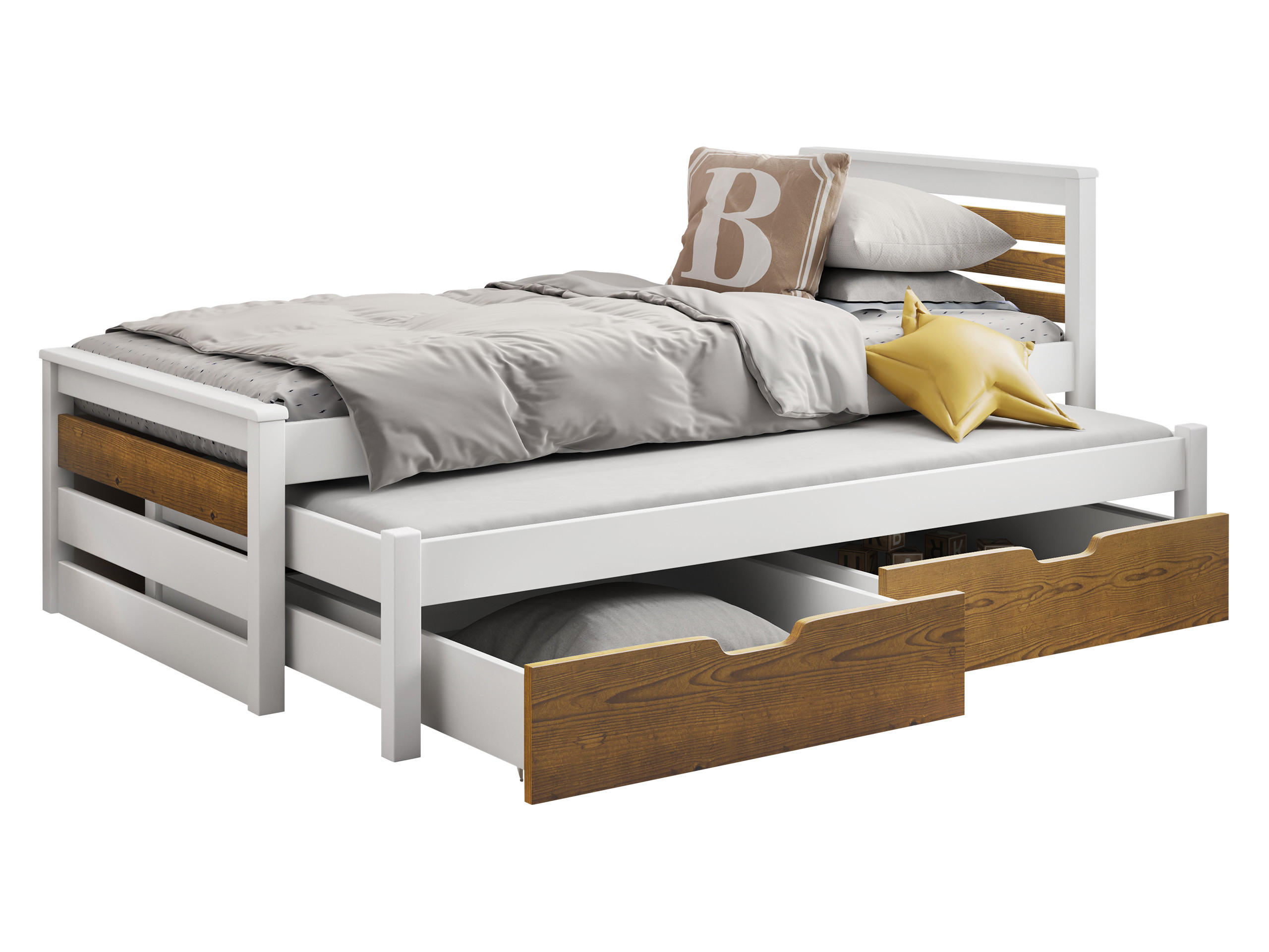 KINDERBETT Calwin 90 mit Ausziehbett - Weiß/Naturfarben, Holz (90/200cm) - MIRJAN24