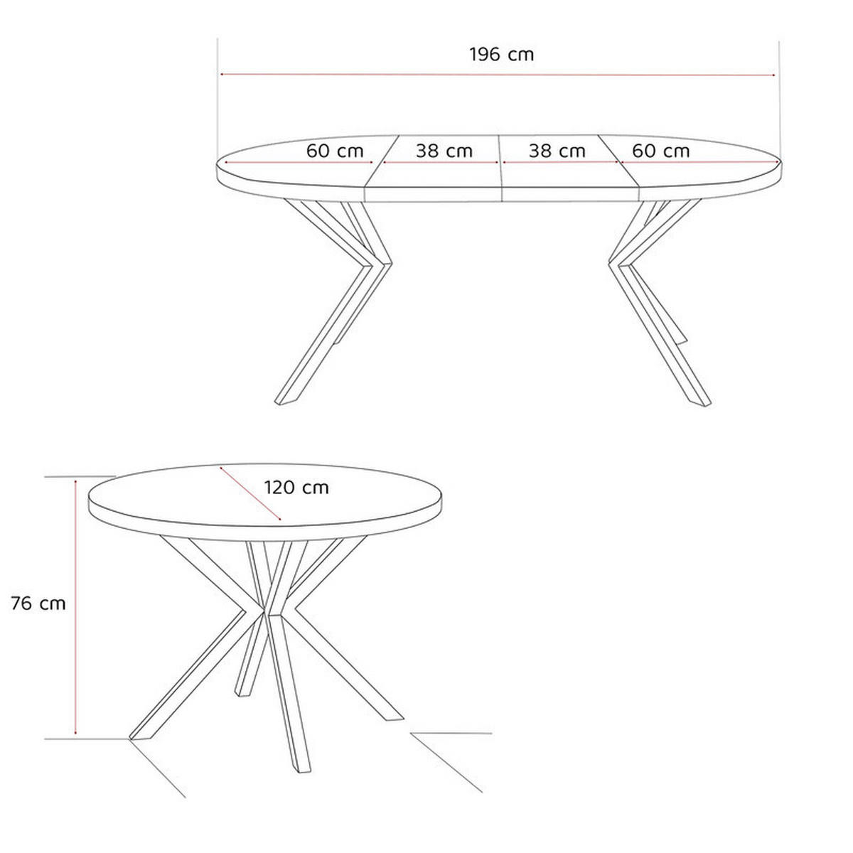 AUSZIEHTISCH MILTON 120-196/76 cm mit Metallgestell, Gold / Arktisweiß - Goldfarben/Weiß, Holzwerkstoff/Metall (120/120/76cm) - Idohome