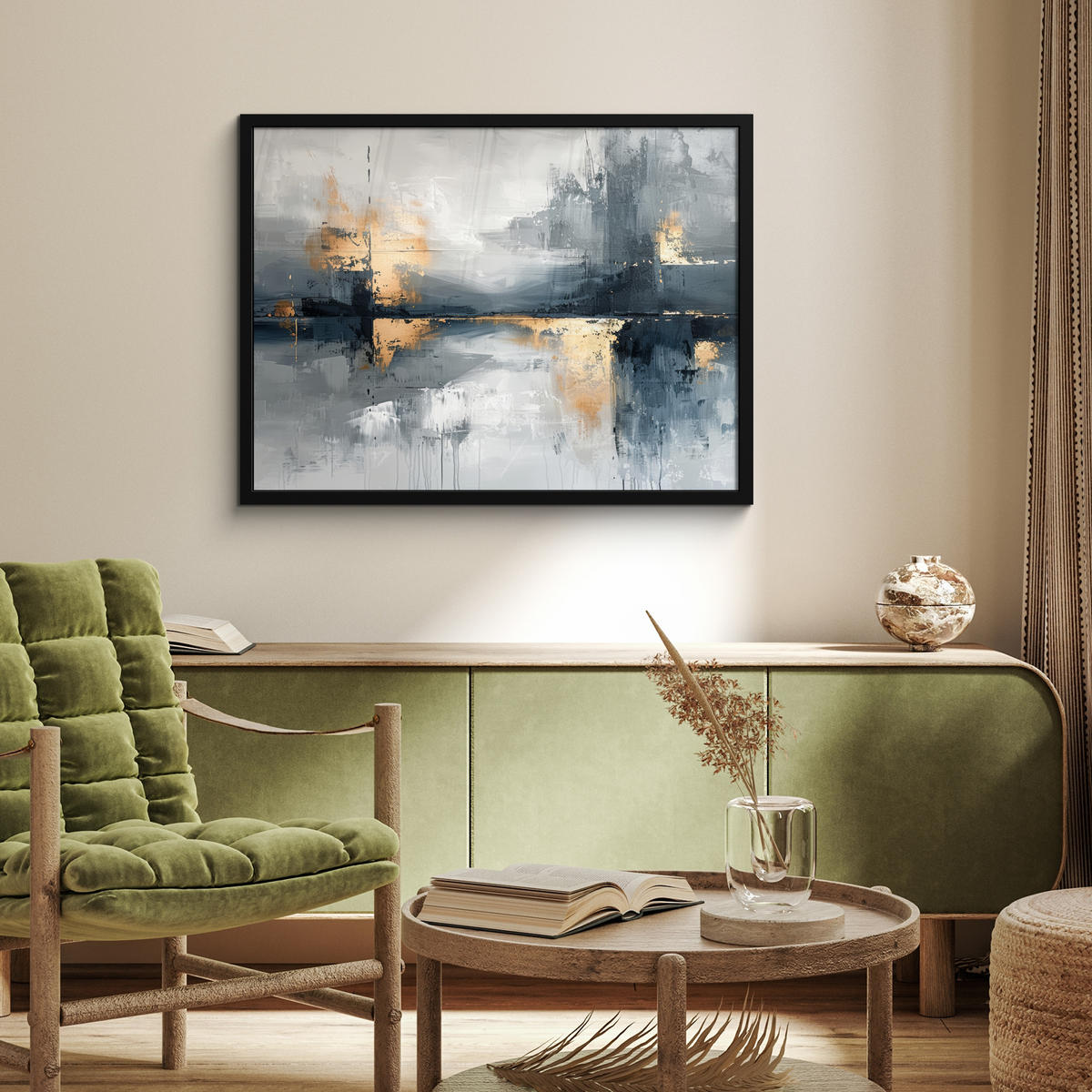 ZARÁMOVANÝ PLAGÁT Umenie - sivé - zlaté - abstraktné 80x60 cm - tmavosivá, papier (80/60cm) - MuchoWow