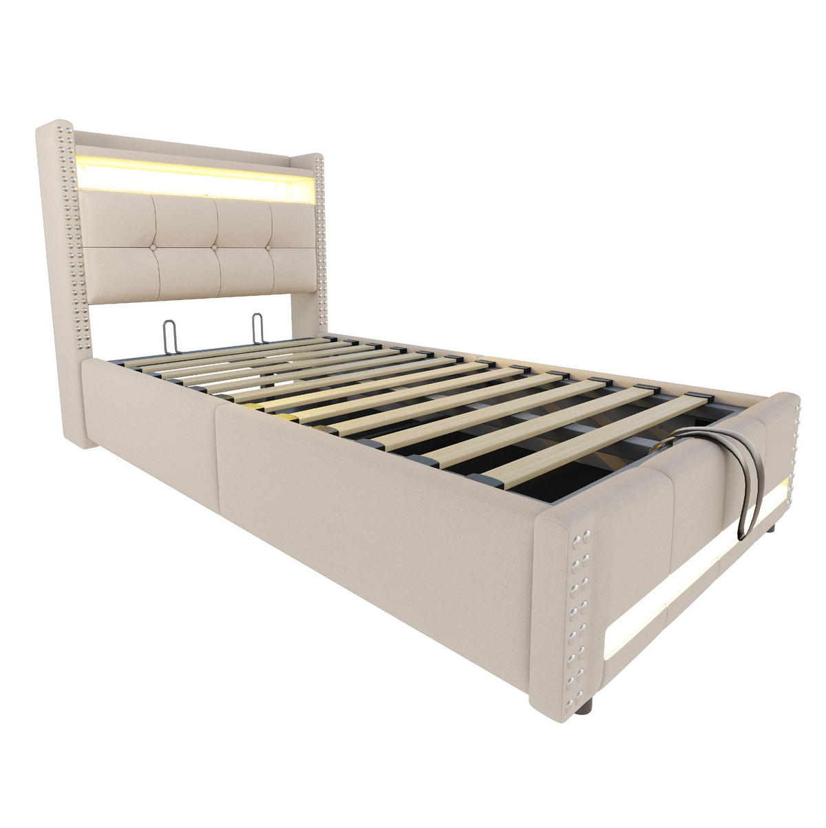 POLSTERBETT aus Leinenstoff 90x200 cm in Beige mit LED, USB & Stauraum - Beige, Textil (90/200cm) - Modfu