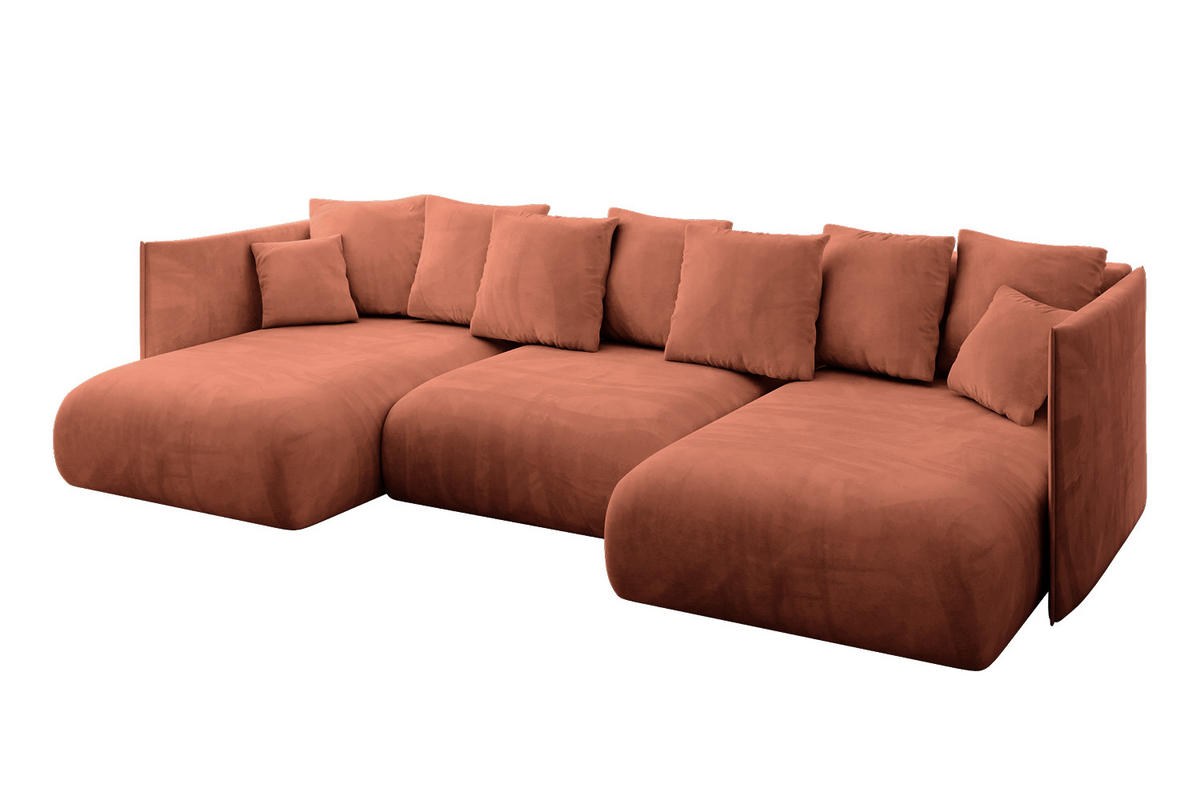WOHNLANDSCHAFT mit Schlaffunktion und Bettkasten ONESK-U 304x165x40 Apricot Velours - Koralle, Holzwerkstoff/Kunststoff (304/90/165cm) - ALTDECOR