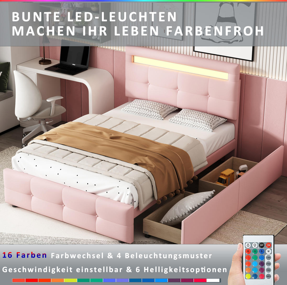 POLSTERBETT 90/200 cm mit LED-Beleuchtung, 2 Schubladen und höhenverstellbarem Kopfteil, Rosa - Rosa, Textil (90/200cm) - Redom