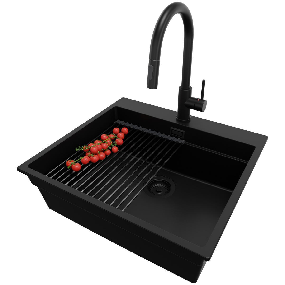 GRANITSPÜLE Oslo Max, 2-er set Alles Schwarz 58/53 cm 1 Becken + Küchenarmatur 40/20 cm + Ablauf-Set + Aufrollbare Abtropffläche ab 60er Unterschrank - Schwarz, Kunststoff (58/20/53cm) - Primagran