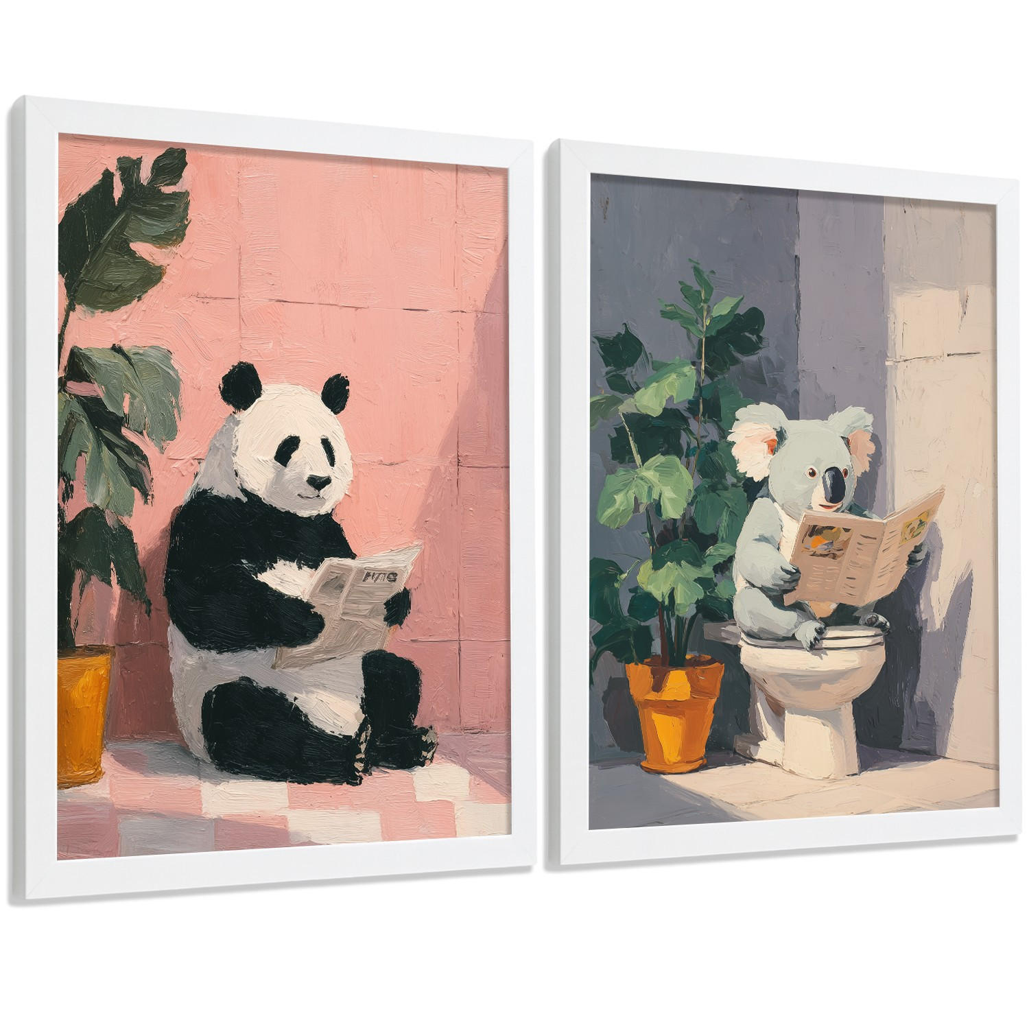 POSTER 2er-Set dekorative Badezimmer-Kunstdrucke und lustige für Wand, Waschbecken, Toilette mit lesenden Tieren im Badezimmer, Stil Weißer Rahmen A3 - Weiß, Papier (42/29.7/3cm) - Nacnic