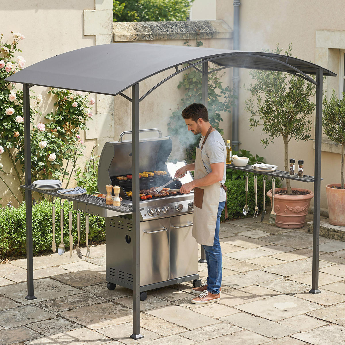 GRILLPAVILLON 245/152/218 cm Dunkelgrau - Dunkelgrau, Metall (152/218/245cm) - Outsunny