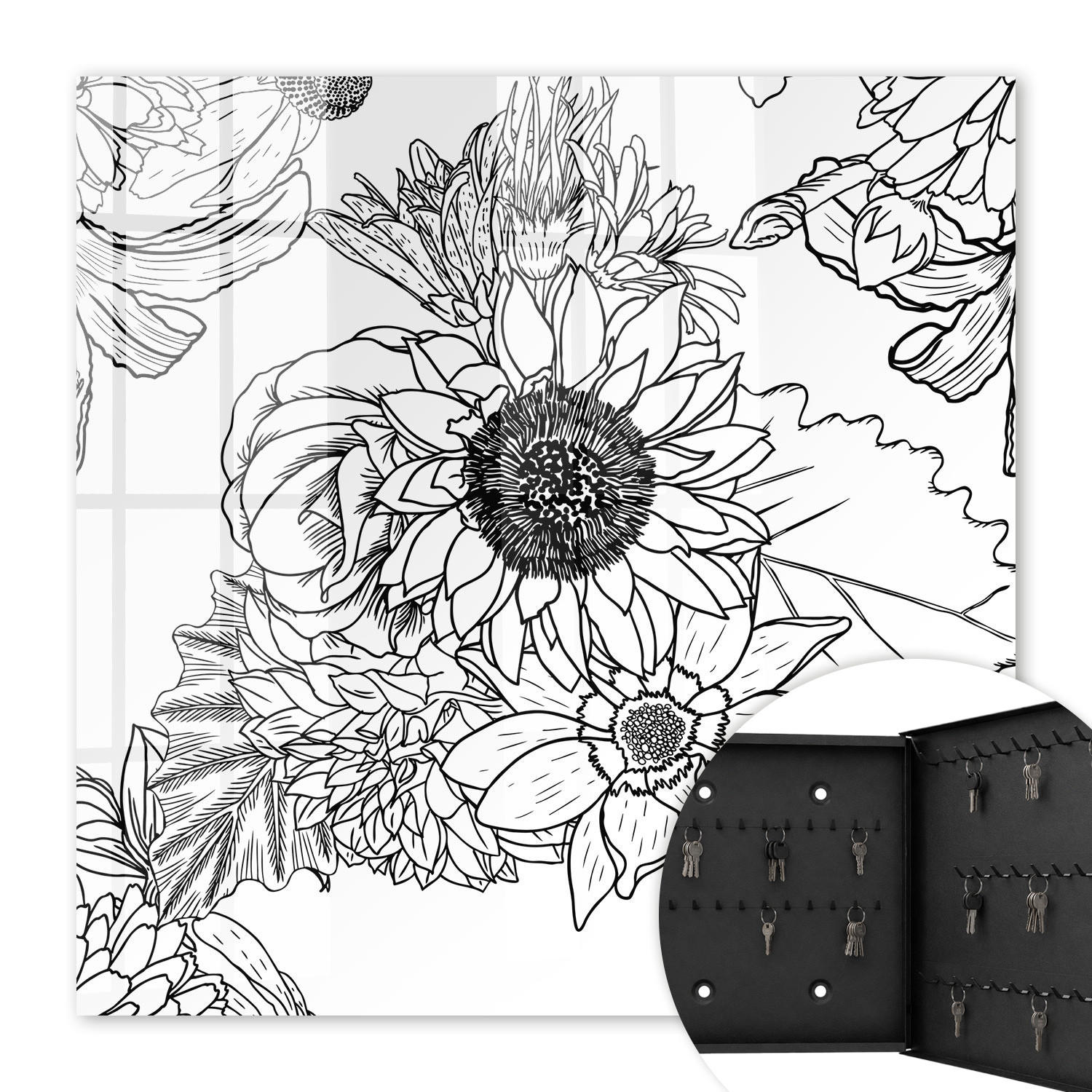 SCHLÜSSELBOX Schwarz 30x30 cm- Türöffnung nach rechts - Schwarz-weiße Blüten - Multicolor, Metall (30/30/5cm) - TULUP
