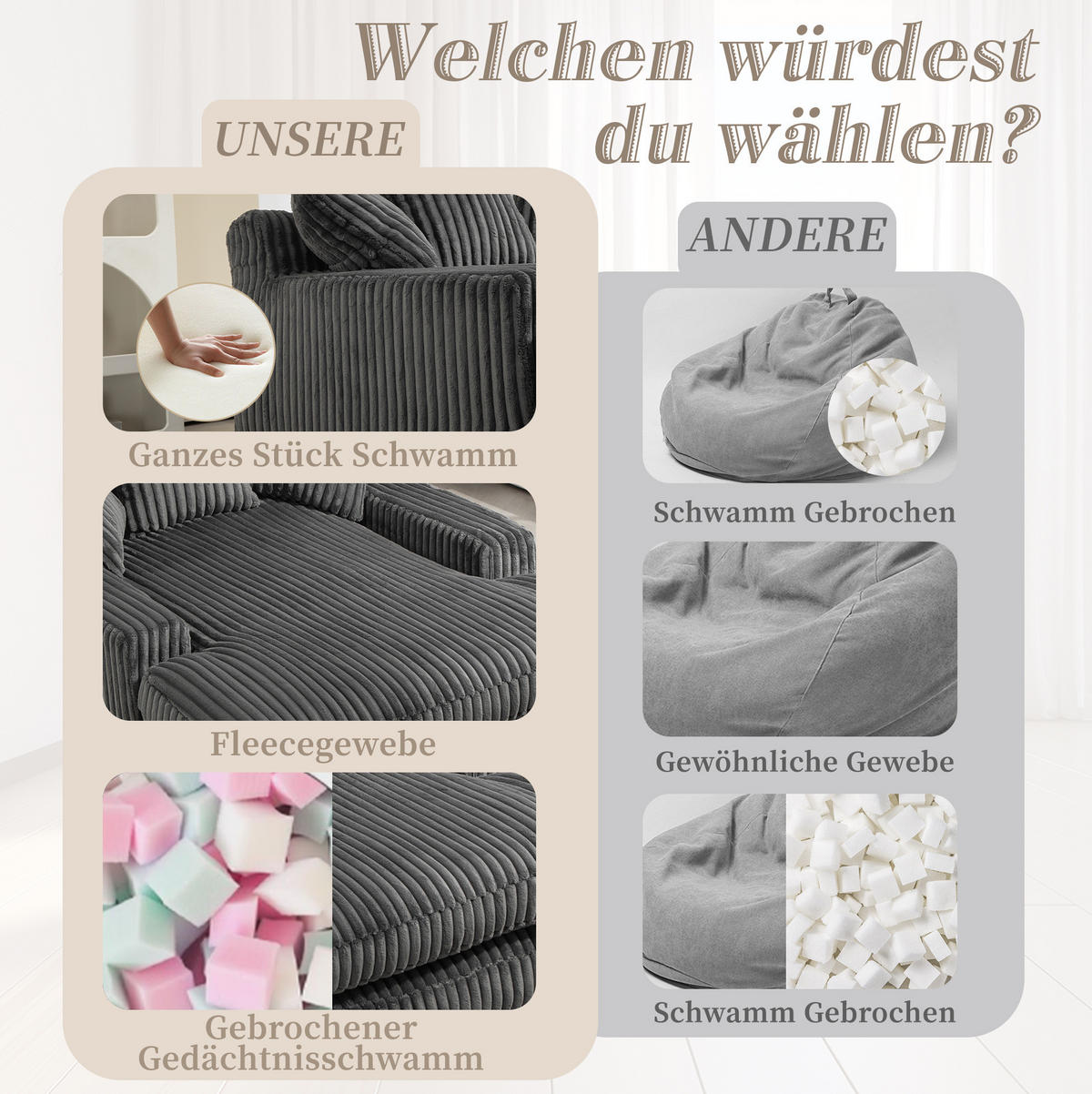 BIGSOFA 125/155/63 cm in Cord Dunkelgrau mit Chaiselongue - Dunkelgrau, Textil (63/125/155cm) - BEAOK