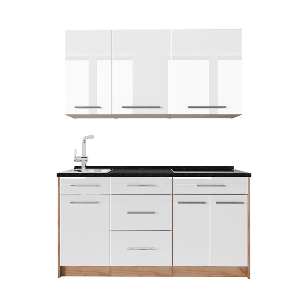 SINGLEKÜCHE Fame-Line, Weiß Hochglanz/Goldkraft Eiche, 150 cm ohne Arbeitsplatte - Honigeiche/Weiß Hochglanz, Holzwerkstoff (150/82/51.6cm) - Vicco