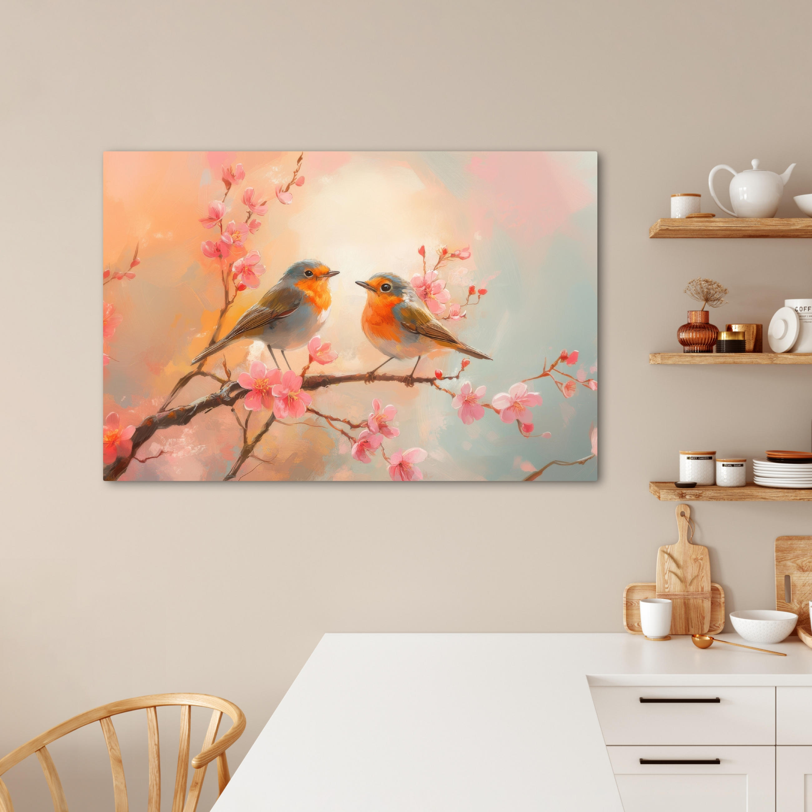 LEINWANDBILD Rotkehlchen - Zierpflanze - Blütenzweig Wohnzimmer 120x80 cm - Hellrosa, Textil (120/80cm) - MuchoWow