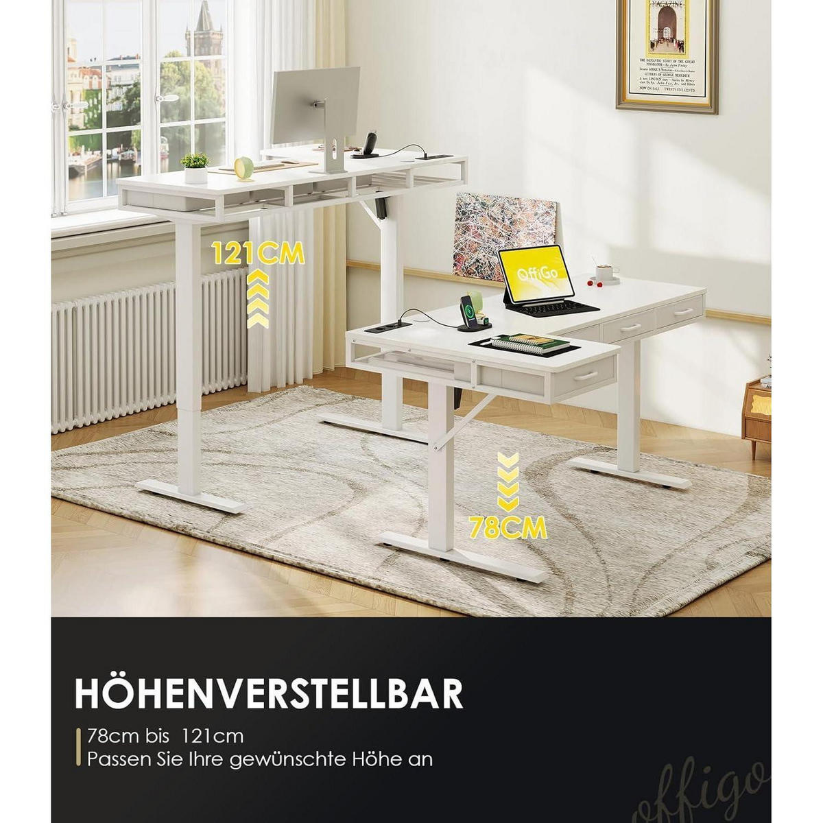 ECKSCHREIBTISCH höhenverstellbar 160 x 80 cm Weiß mit 4 Schubladen - Weiß, Holzwerkstoff (80/160/78cm)