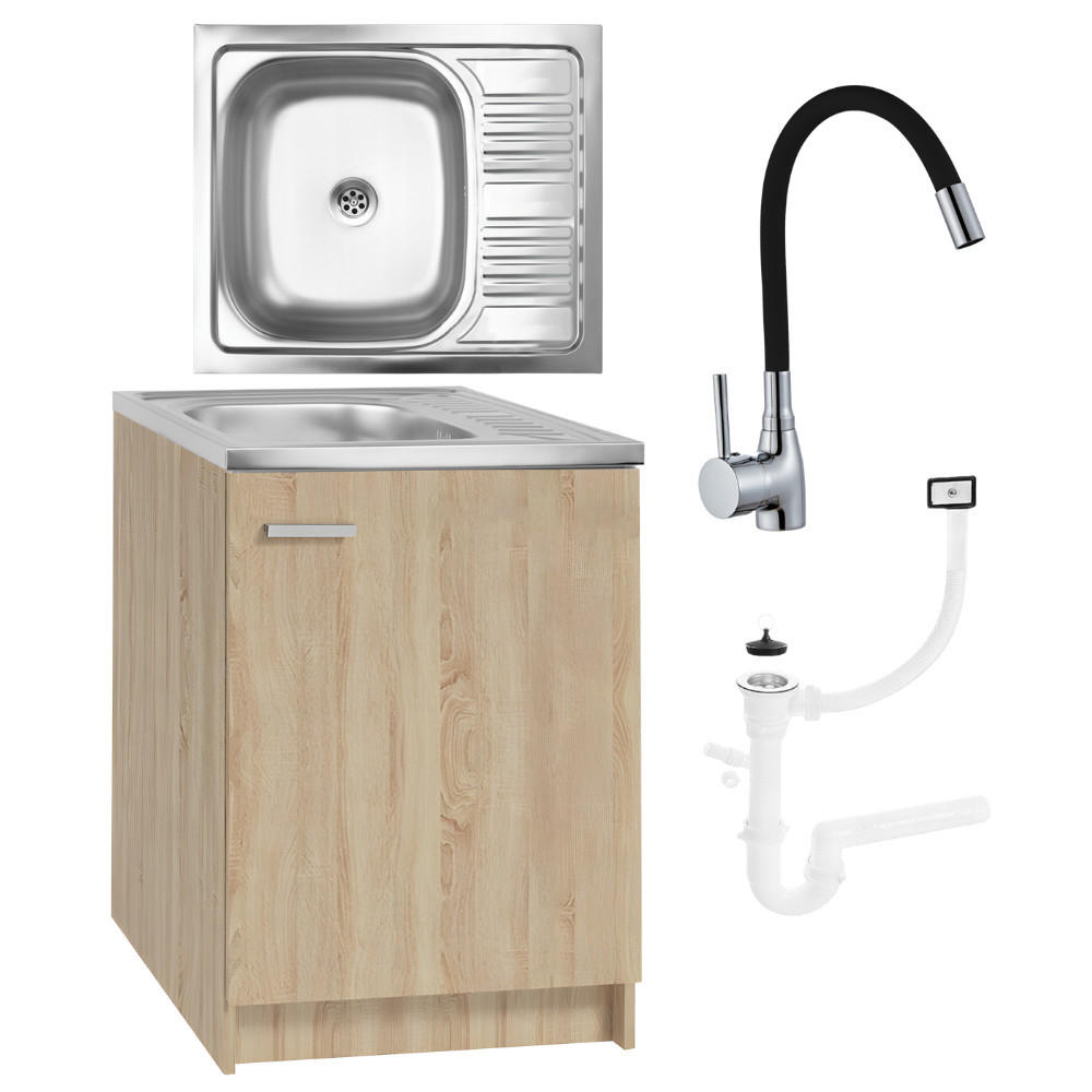 SPÜLUNTERSCHRANK 60cm mit Spüle + Armatur + Siphon Sonoma-Eiche - Sonoma Eiche, Holzwerkstoff (60/82/50cm) - Stamar