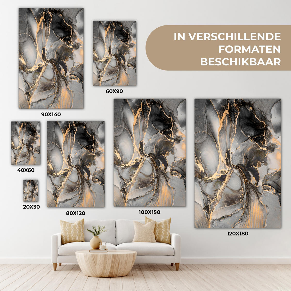 LEINWANDBILD Grau - Luxus - Gold - Marmor Wanddeko Schlafzimmer 60x90 cm - Dunkelgrau, Textil (60/90cm) - MuchoWow