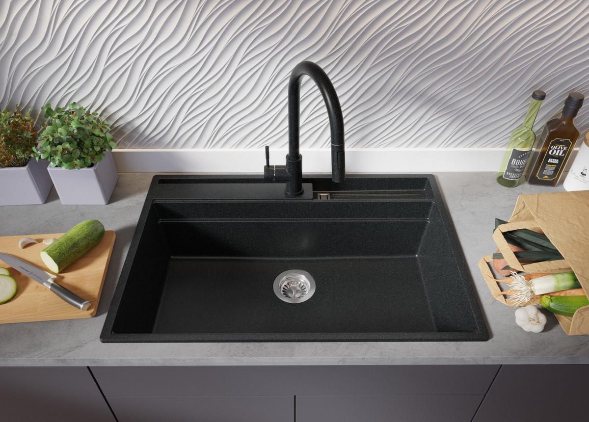 SPÜLBECKEN Oslo Pocket, 2-er set Anthrazit 78/53 cm 1 Becken + Ablauf-Set + Küchenzubehörset ab 80er Unterschrank - Chromfarben/Anthrazit, Kunststoff (78/20/53cm) - Primagran