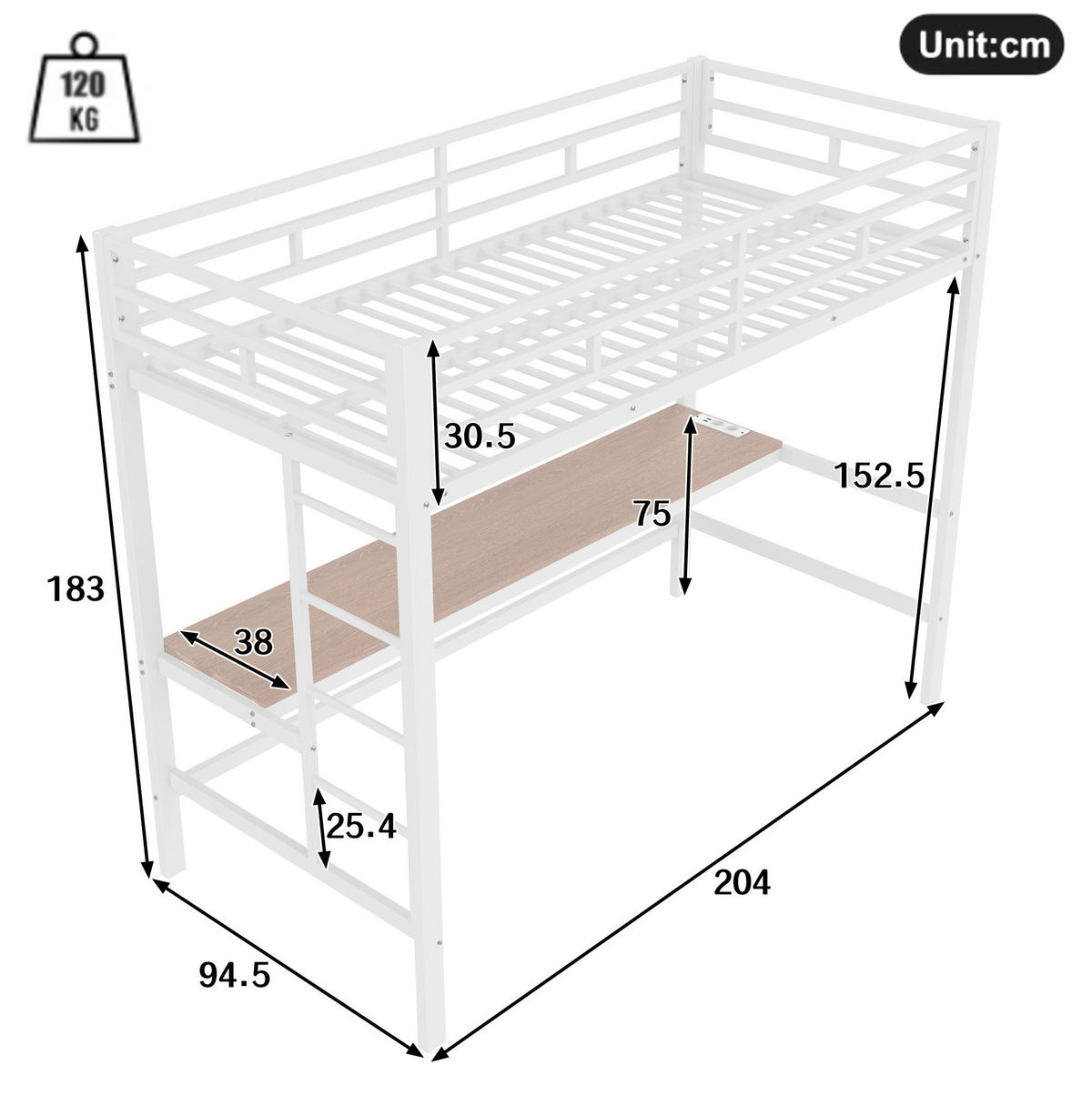 HOCHBETT aus Metall und MDF 90x200 cm Weiß mit Schreibtisch, LED-Beleuchtung, USB und Steckdose - Weiß, Metall (90/200cm) - IVMEU