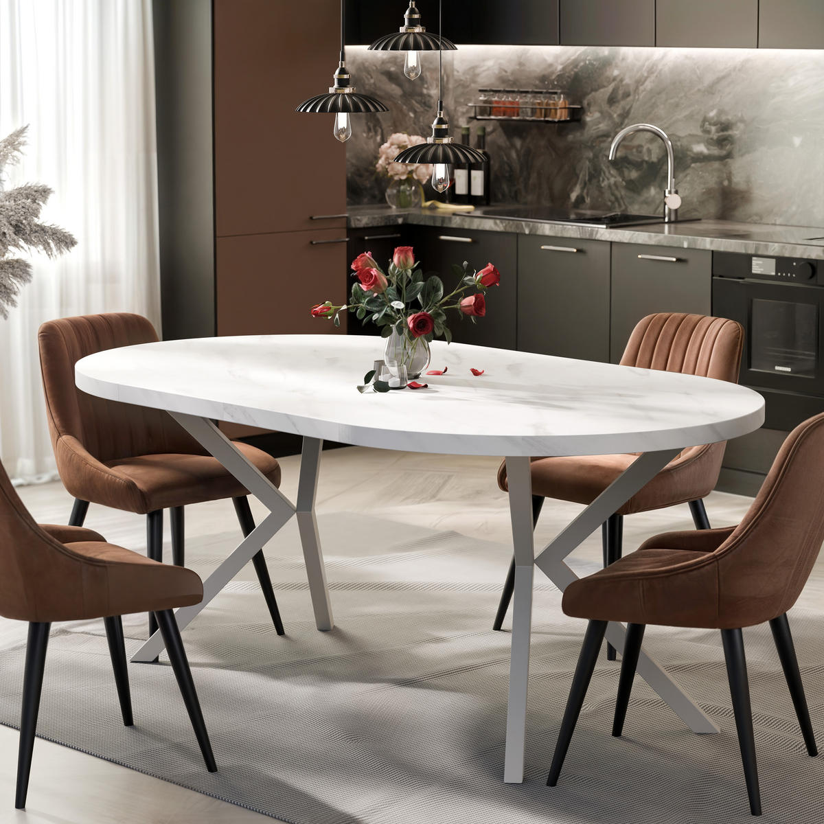 AUSZIEHTISCH MILTON 100-176/76 cm mit Metallgestell, Kaschmir / Bianco Marmor - Kaschmir/Weiß, Holzwerkstoff/Metall (100/100/76cm) - Idohome