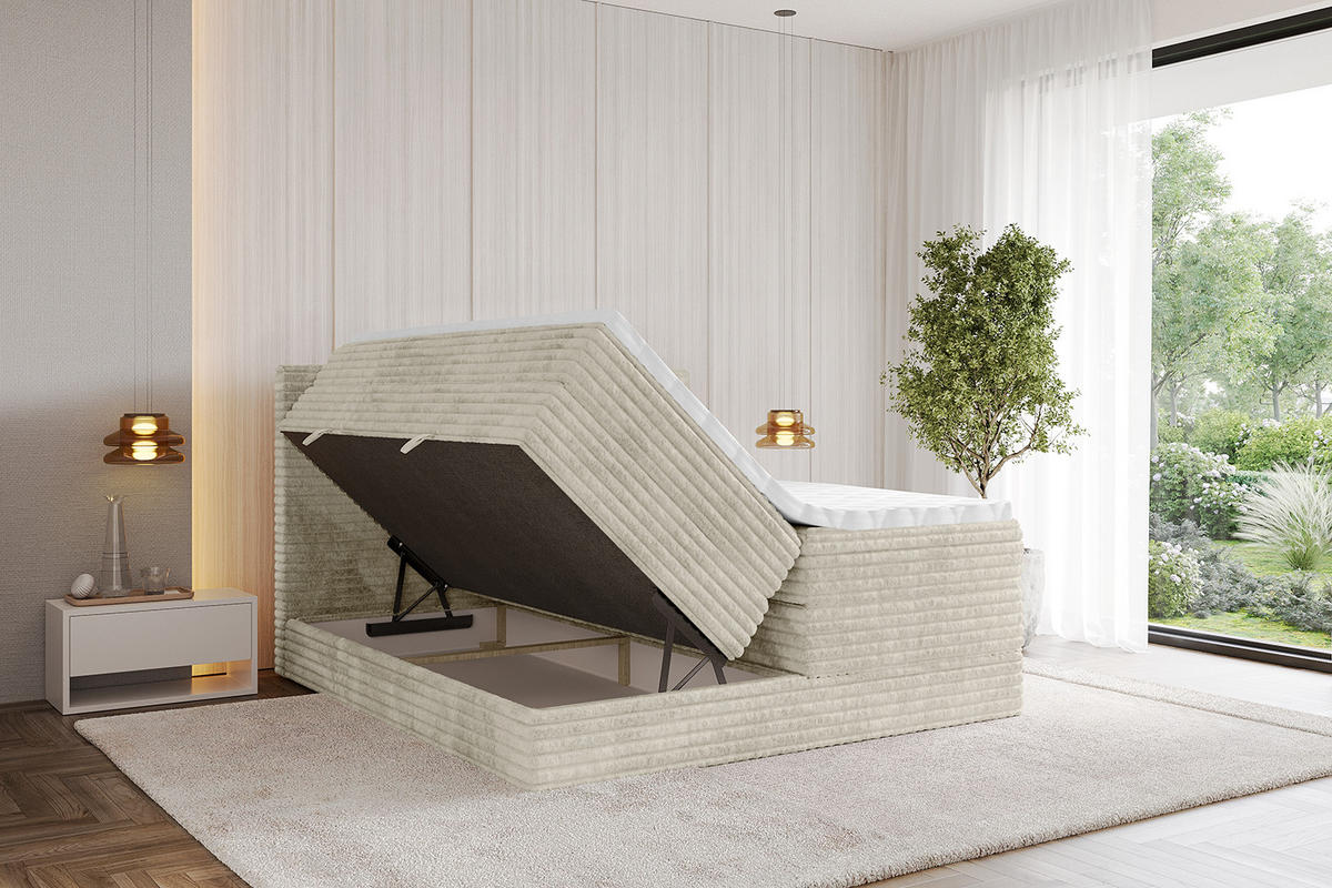BOXSPRINGBETT mit Matratze H3|H4 und Lattenrost - TOLO KING-v1 140x200 Cord - Creme - Champagner, Holzwerkstoff (140/200cm)