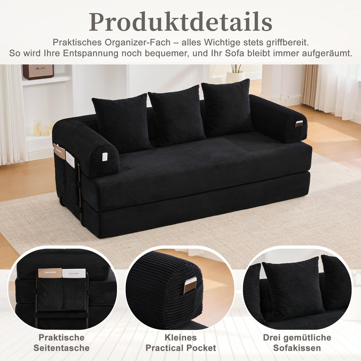 SCHLAFSOFA, Modulares Tagesbett mit Metallgestell, Klappbares Bodensofa Cordstoff, Schwarz - Schwarz, Textil (94/67/200cm) - LVHOM