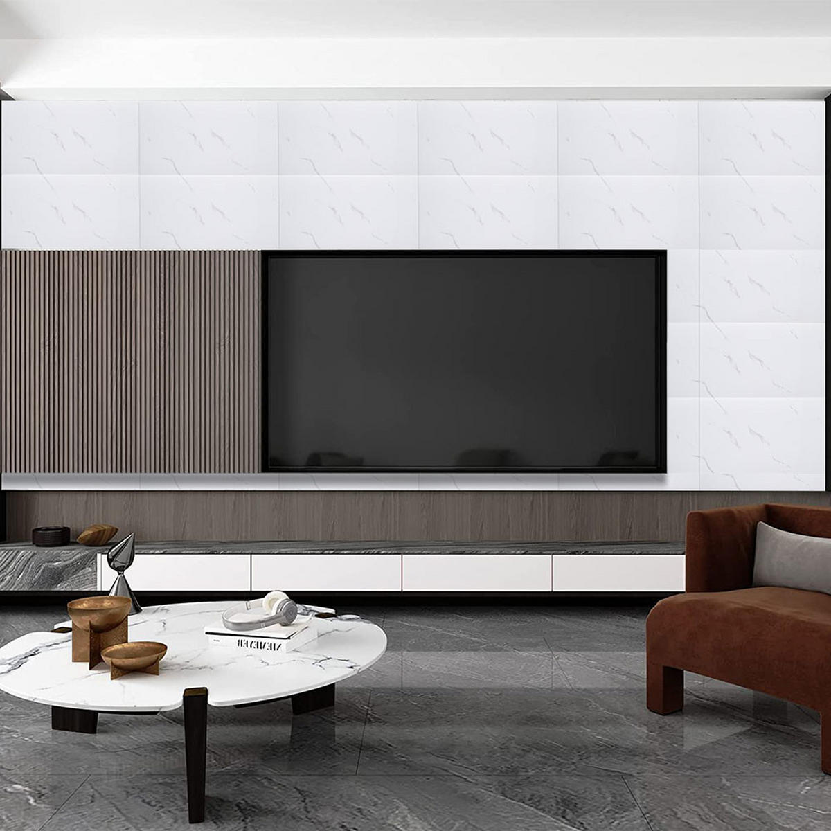 WANDPANEELE 1.8m²/10-TLG. Wasserdicht Selbstklebend Marmormuster Weiß - Weiß, Kunststoff (30/60/0.2cm) - Livingandhome