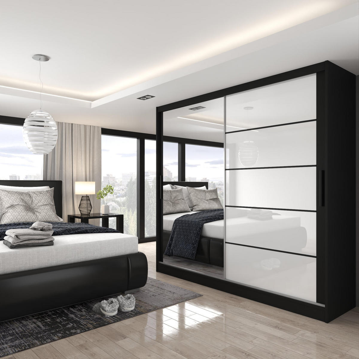SCHWEBETÜRENSCHRANK Verona MGB, Schwarz/Weiß Hochglanz, 200 cm, mit Spiegel - Weiß, Holz (200/216/60cm) - B BELINI GROUP