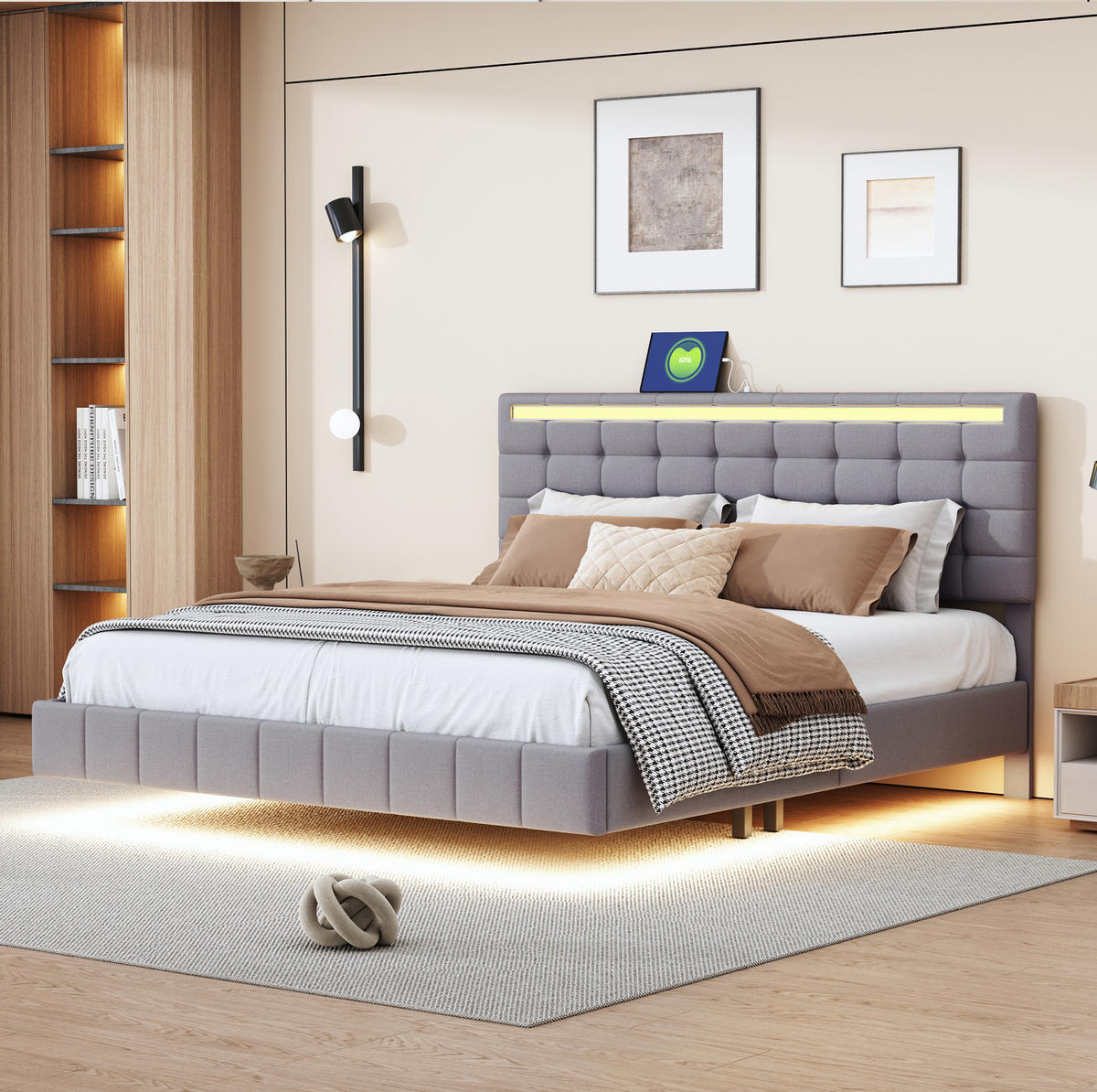 POLSTERBETT 160/200 cm grau mit LED-Beleuchtung und Kopfteil-Design - Grau, Textil (160/200cm) - OKWISH