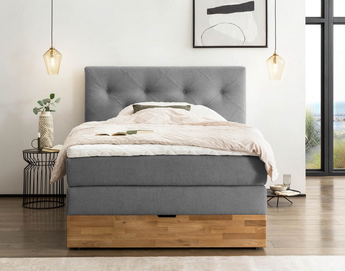 BOXSPRINGBETT MARBO 140x200 Anthrazit H2 und H3 mit Bettkasten 7-Zonen Taschenfederkern Matratze inkl. Visco Topper und Eiche - Anthrazit, Textil (140/200cm) - Belanoti