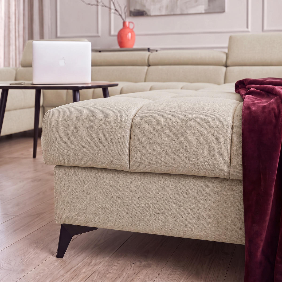 ECKSOFA PUDDING U Links mit Schlaffunktion 125x260 Velours Creme - Creme/Schwarz, Holz/Textil (203/350cm) - Muffo