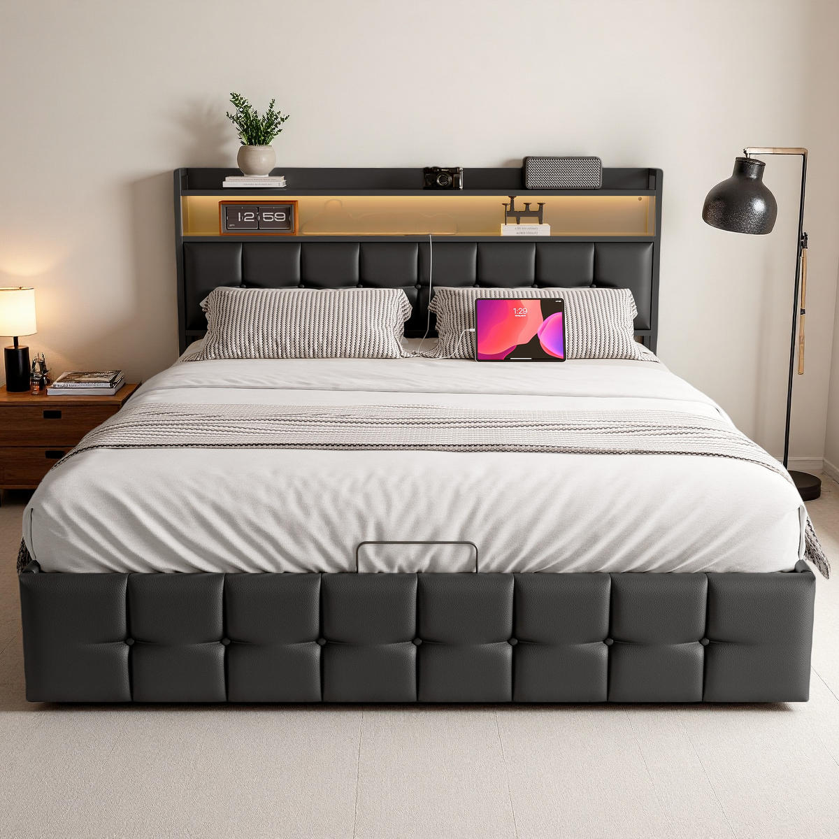 POLSTERBETT 160x200 cm LED Kopfteil Lattenrost PU Leder schwarz - Schwarz, Holz (160/200cm) - Fortuna Lai