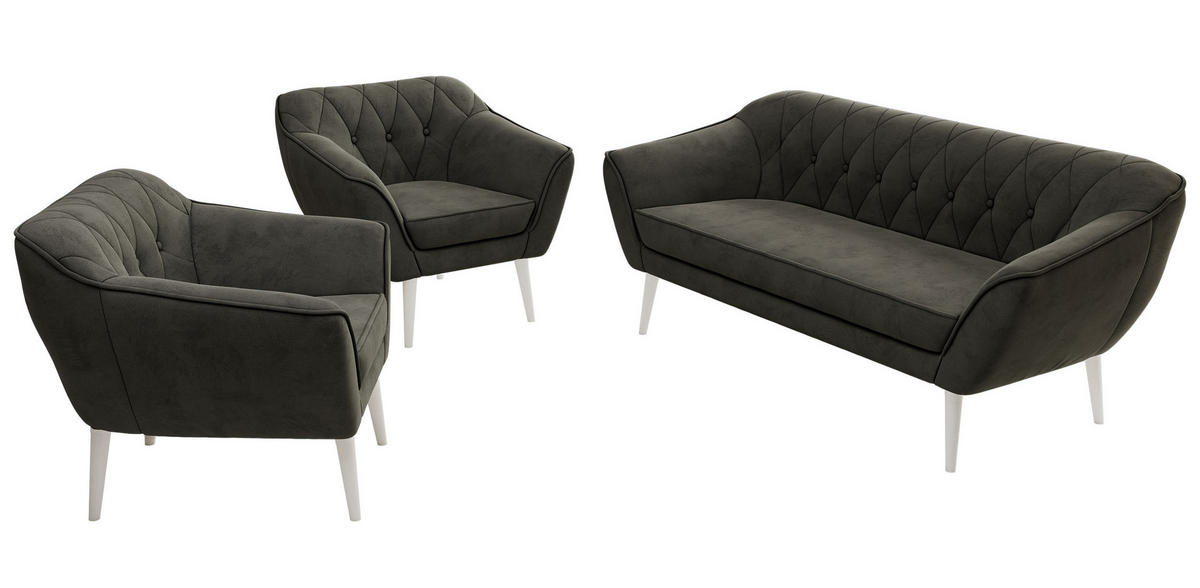 SEDACÍ SOUPRAVA 3+1+1 PIRS - Tmavě šedá Samet - Bílé nohy - bílá/tmavě šedá, kompozitní dřevo/textil (180/75/74cm) - MKS